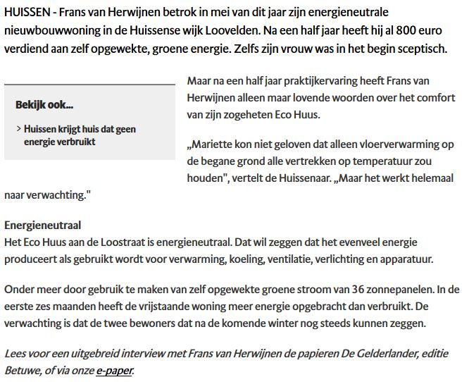 Erik van 't Hullenaar (8 november 2016) Huissenaar verdient in eerste half jaar 800 euro met Eco Huus - interview met Frans van Herwijnen - via De Gelderlander (2)