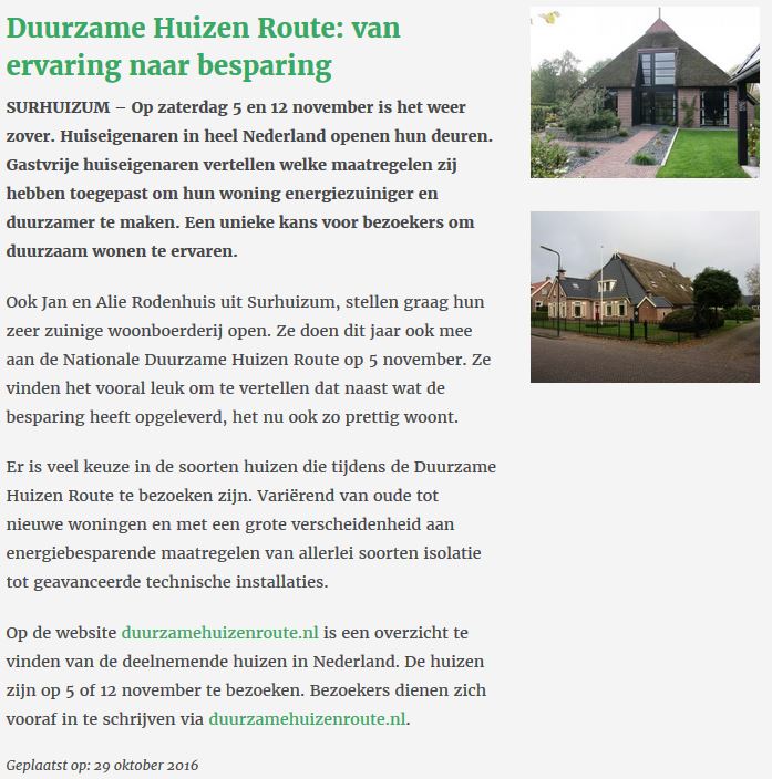 Smelnenieuws (29 oktober 2016) Duurzame Huizen Route: van ervaring naar besparing - via Smelnenieuws.nl