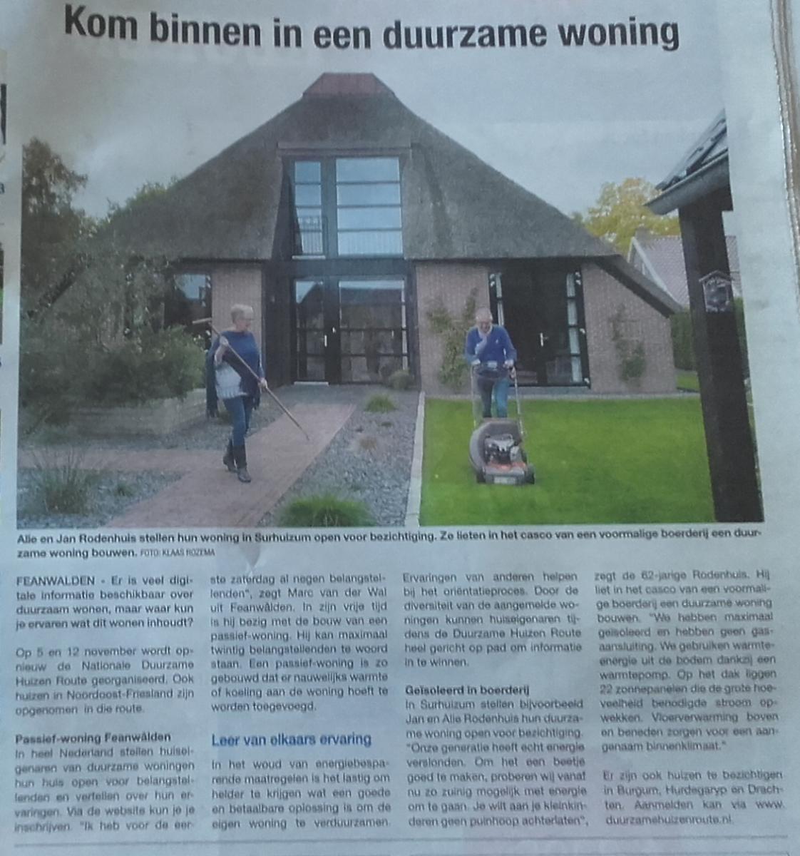 Weekblad Actief (2 november 2016). Kom binnen in een duurzame woning. Interview met huiseigenaren Jan en Alie Rhodenhuis - door Actief Media